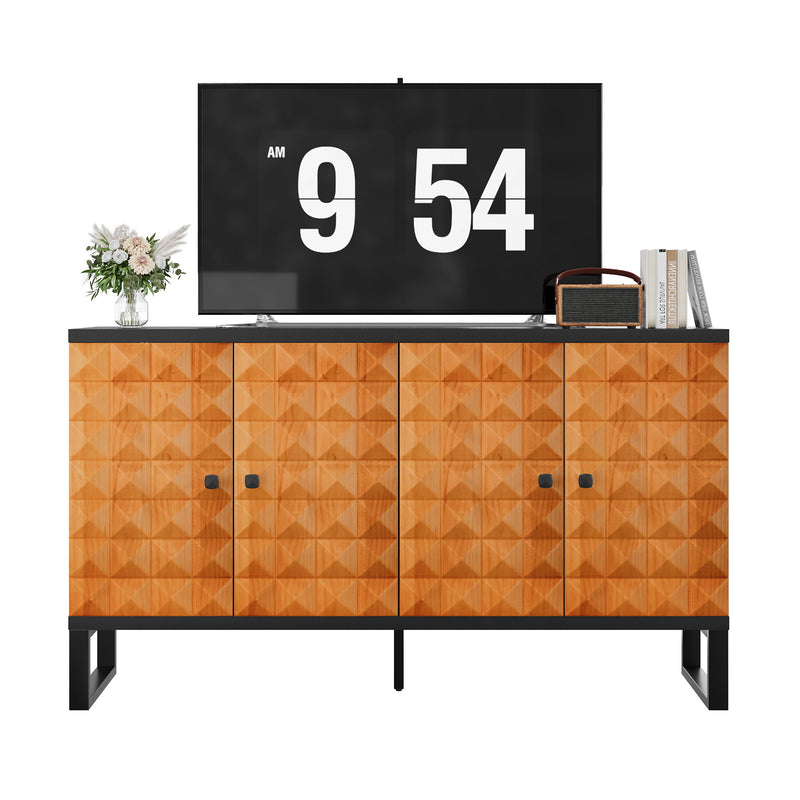 Modern Buffet Cabinet With Storage Space, Retro Style 4 Door Wooden Storage Cabinet, Multifunctional Decorative Cabinet With Geometric Patterns, Suitable For Living Room, Dining Room, Entrance - Orange / Yellow