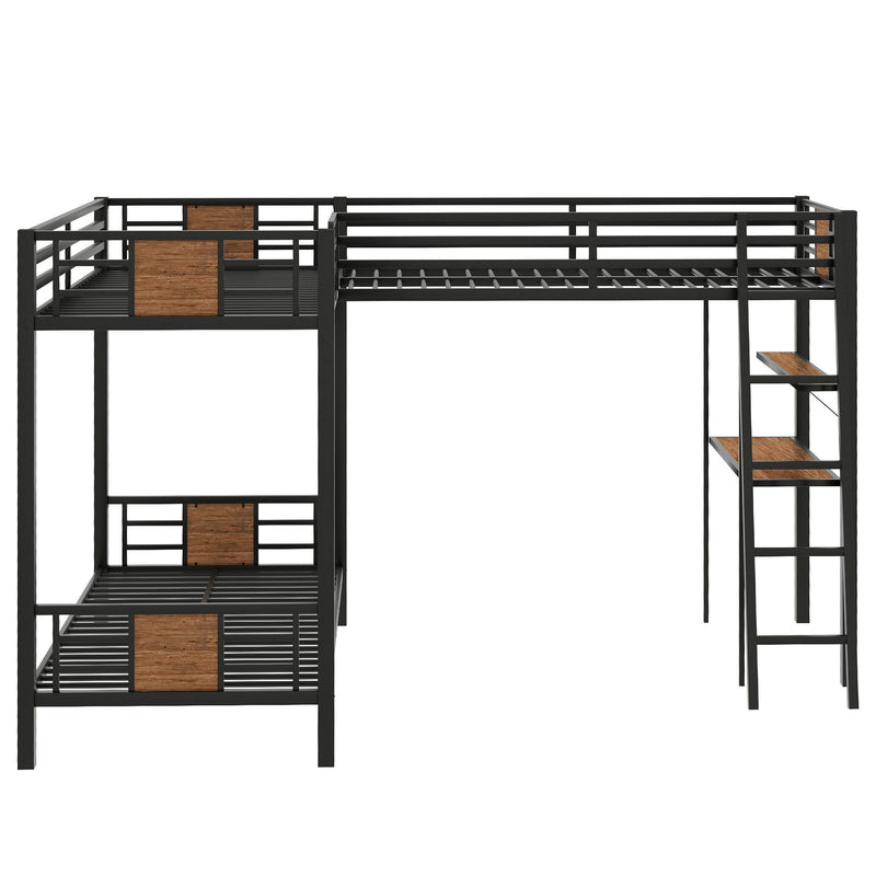L-Shaped Twin Over Twin Bunk Bed With Twin Size Loft Bed With Desk And Shelf - Brown