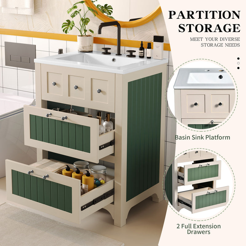 Bathroom Vanity With Ceramic Sink, Bathroom Vanity Cabinet With 2 Drawers, Wooden Bathroom Sink Cabinet - Beige / Green