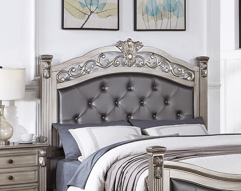 Formal Traditional Antique Silver 1pc Queen Size Bed Tufted Faux Leather Headboard Footboard Bedframe