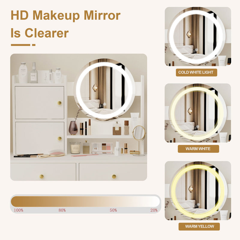 Fashion Vanity Desk With Mirror And Lights For Makeup And Cushioned Chair, Adjustable 3 Color Lighting - White