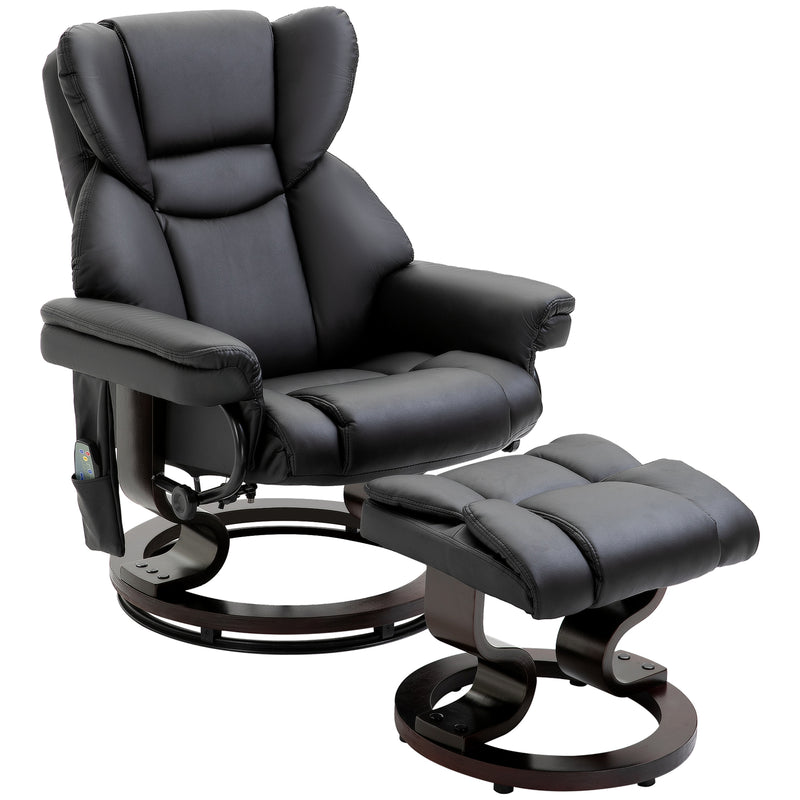 HOMCOM Massage Recliner Chair with Ottoman Footrest, 10 Vibration Points, 360° Swivel Reclining Chair, Faux Leather Living Room Chair with Side Pocket and Remote Control, Black