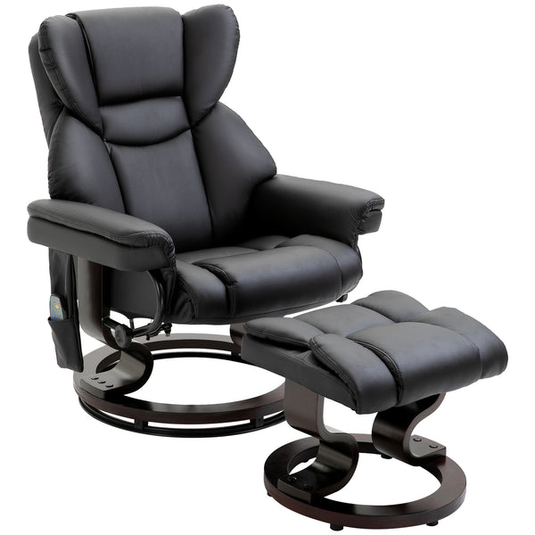 HOMCOM Massage Recliner Chair with Ottoman Footrest, 10 Vibration Points, 360° Swivel Reclining Chair, Faux Leather Living Room Chair with Side Pocket and Remote Control, Black