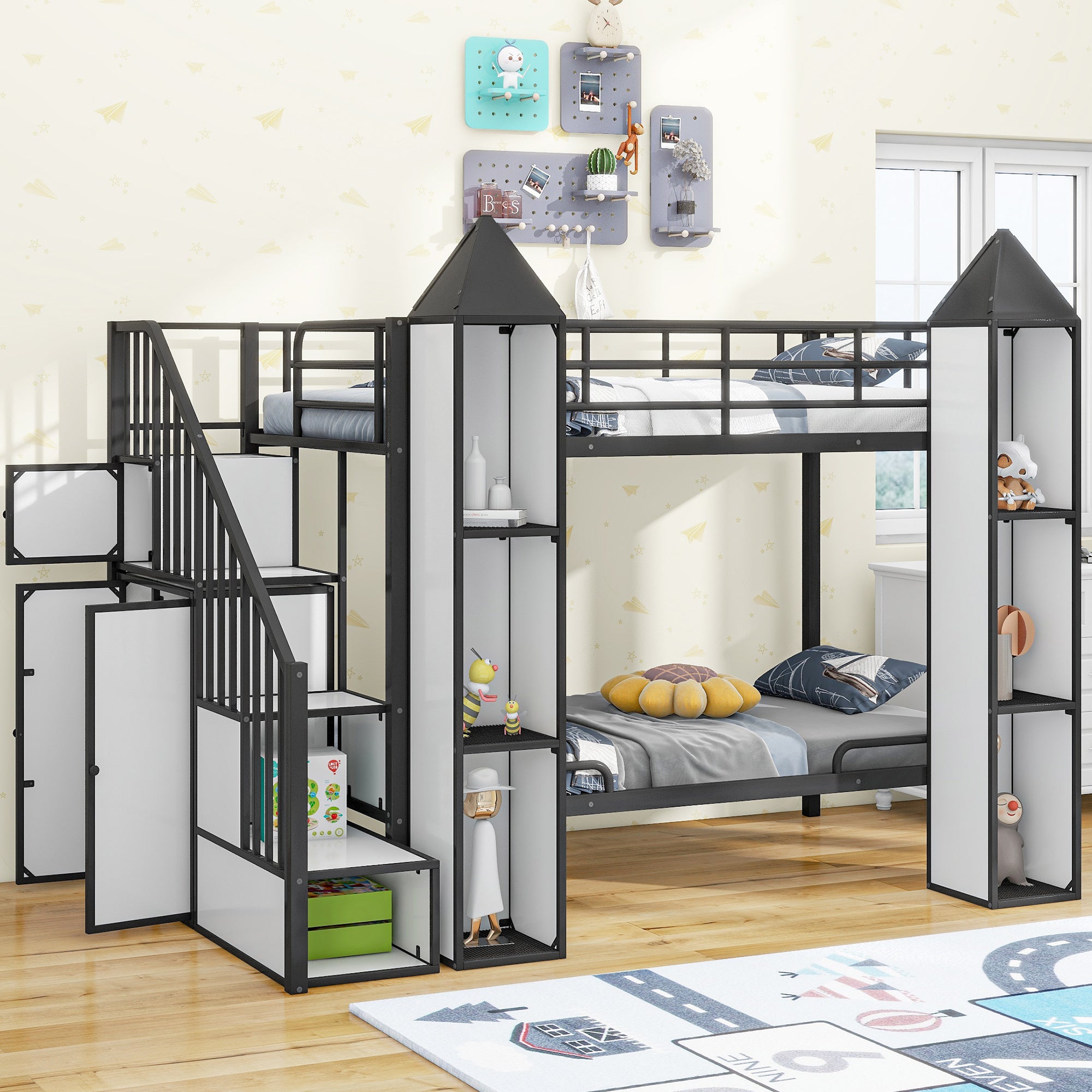 Metal Twin over Twin Castle-shaped Bunk Bed with Wardrobe and Multiple Storage, Black+White - Atlantic Fine Furniture Melbourne FL