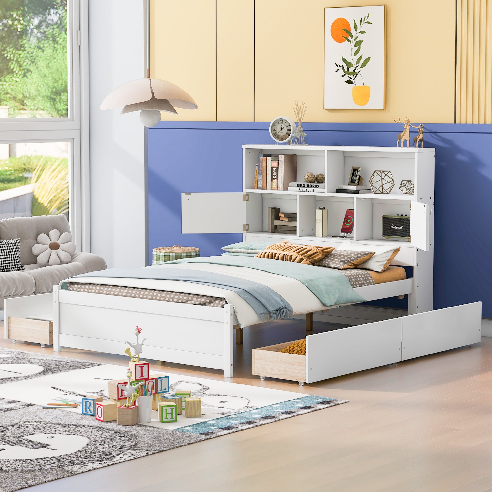 Full Size Platform Bed with Storage Headboard, Charging Station and 4 Drawers, White - Atlantic Fine Furniture Melbourne FL