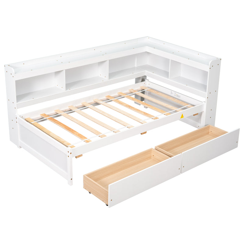 Twin Bed with L-shaped Bookcases,Drawers ,White