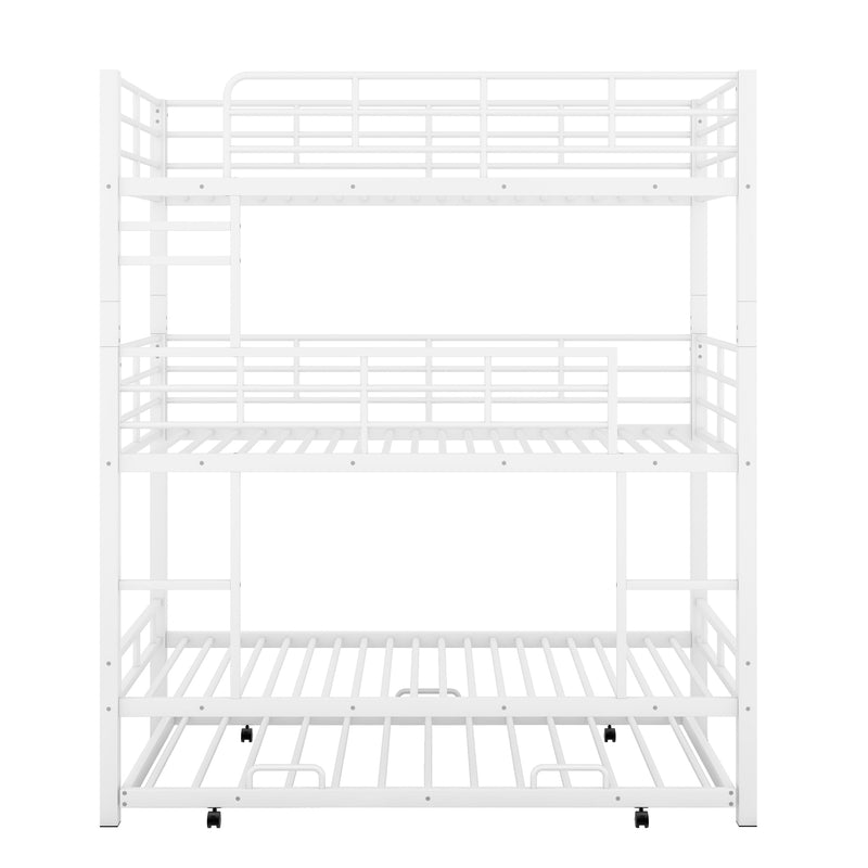 Metal Twin Size Triple Bunk Bed With Trundle, White