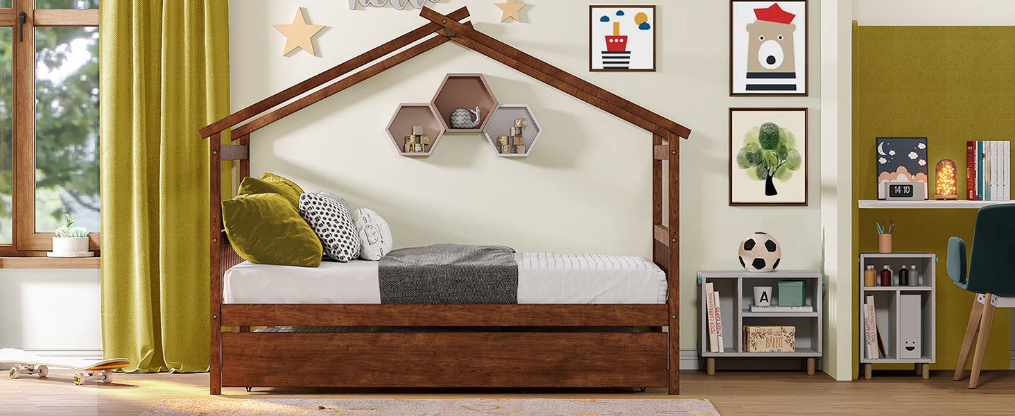 Full Size Wooden House Bed with Twin Size Trundle, Walnut - Atlantic Fine Furniture Melbourne FL