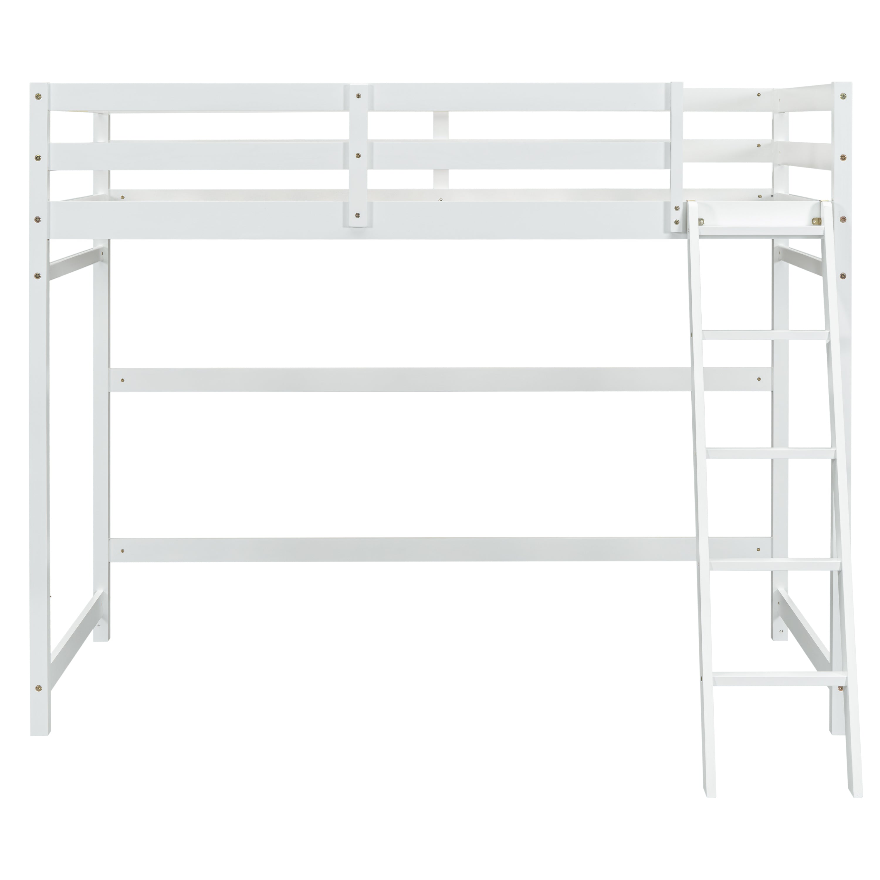 Twin Size High Loft Bed with inclined Ladder, Guardrails,White