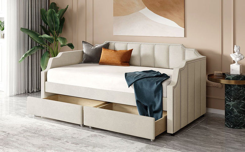 Upholstered Daybed With Drawers, Slat Support