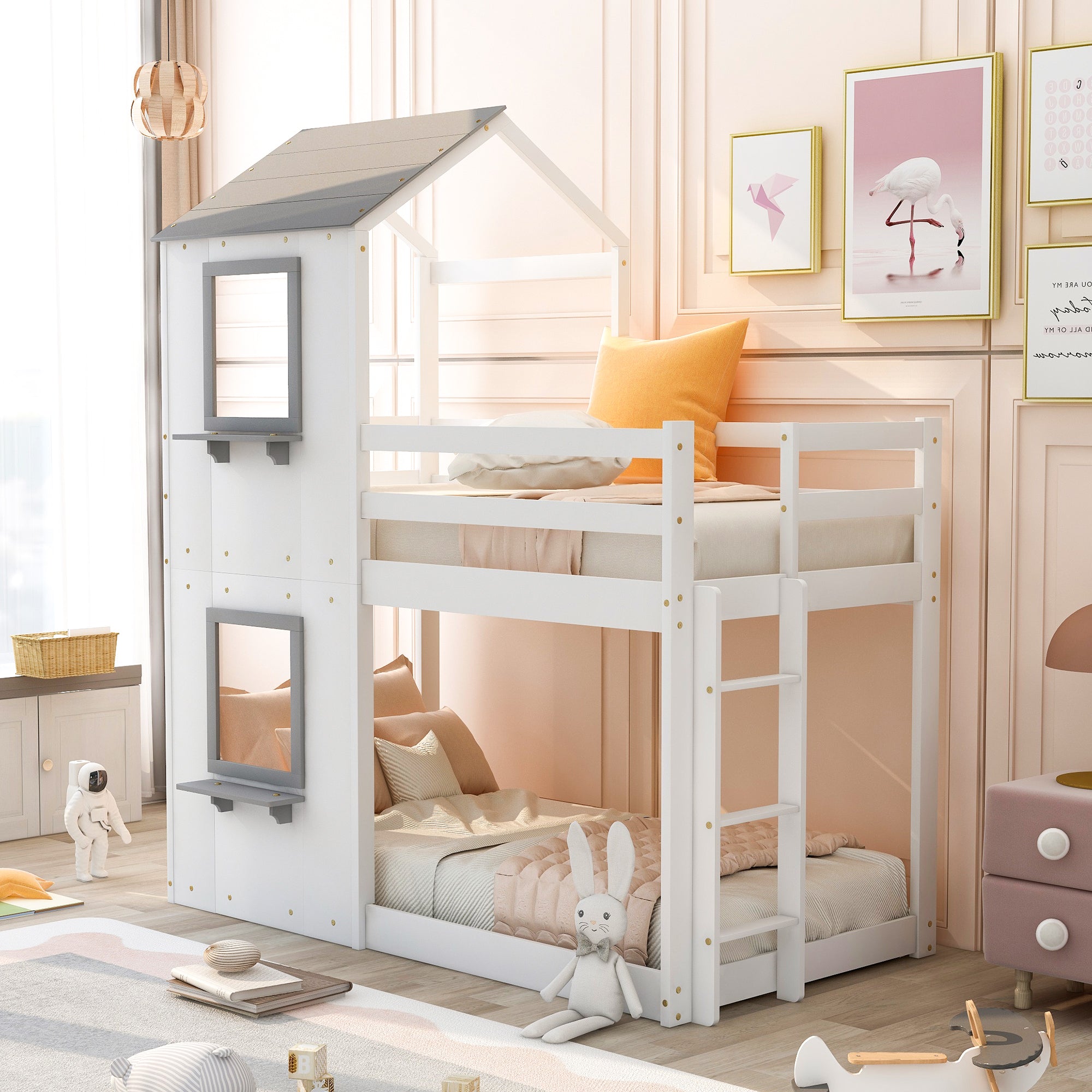 Twin Over Twin Bunk Bed Wood Bed with Roof, Window, Guardrail, Ladder (White)(OLD SKU :LP000056AAK) - Atlantic Fine Furniture Melbourne FL