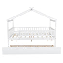 Full Size Wooden House Bed with Twin Size Trundle, White