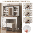 Rustic Farmhouse Makeup Vanity Desk With Sliding Mirror, LED Lights, And Charging Socket - White