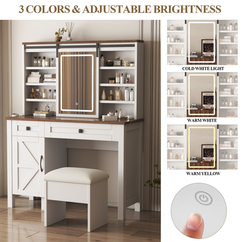 Farmhouse Makeup Vanity Desk With Sliding Mirror, LED Lights, And Storage Glass, Metal, And Wood Construction - White