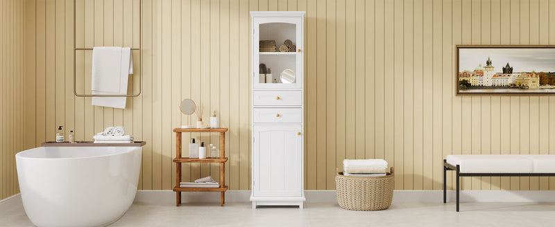 Tall Bathroom Storage Cabinet With Glass Doors, Free-Standing, Two Drawers, And Adjustable Shelves, MDF Board, Painted Perfect For Displaying Your Favorite Items