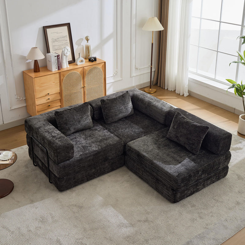 Convertible Floor Sofa Bed With Fixed Shape Frame, Boneless Modular Sectional Sofa, For Living Room - Black