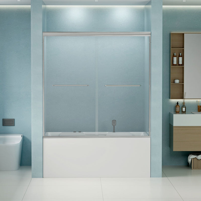 Double Sliding Bathtub Shower Door, Semi Frameless Bypass, 1 / 4" (6Mm) With Explosion - Proof Film, Adjustable Aluminum Alloy Frame