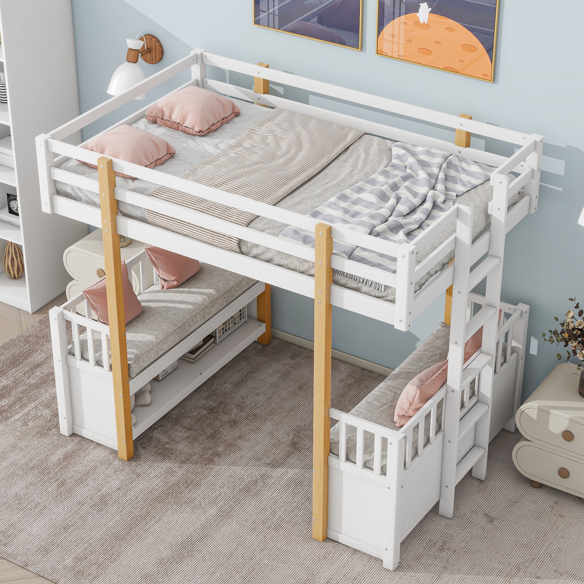 Wood Twin Size Loft Bed with 2 Seats and a Ladder, White - Atlantic Fine Furniture Melbourne FL