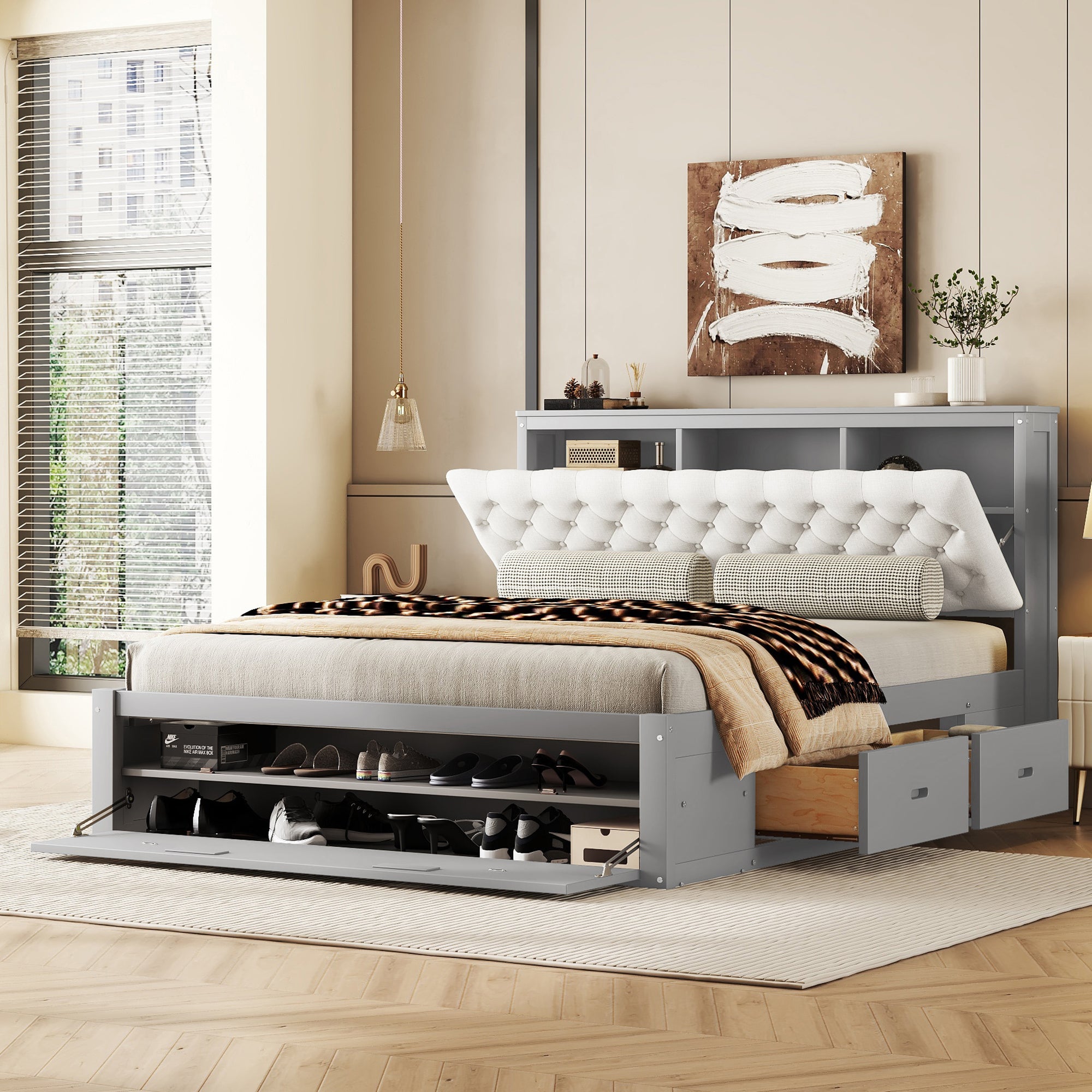 Wood Queen Size Platform Bed with Storage Headboard, shoe rack and 4 drawers,Gray - Atlantic Fine Furniture Melbourne FL