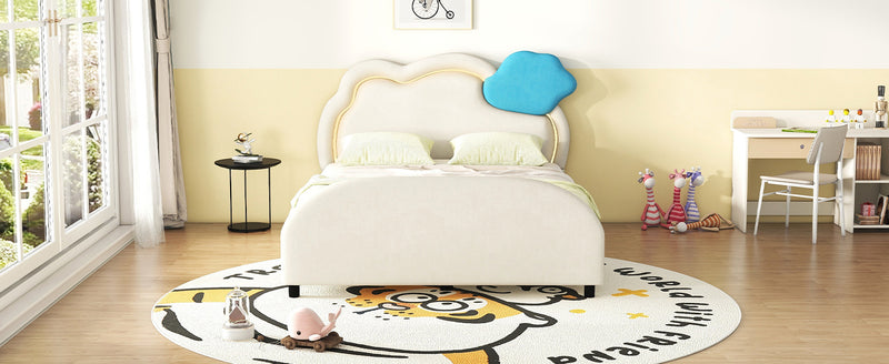 Full Size Upholstered Platform Bed with Cloud-Shaped Headboard and Embedded Light Stripe, Velvet, Beige
