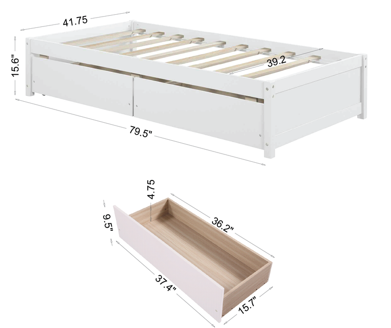 Twin Bed with 2 Drawers, Solid Wood, No Box Spring Needed ,White(New SKU:W504P149042)