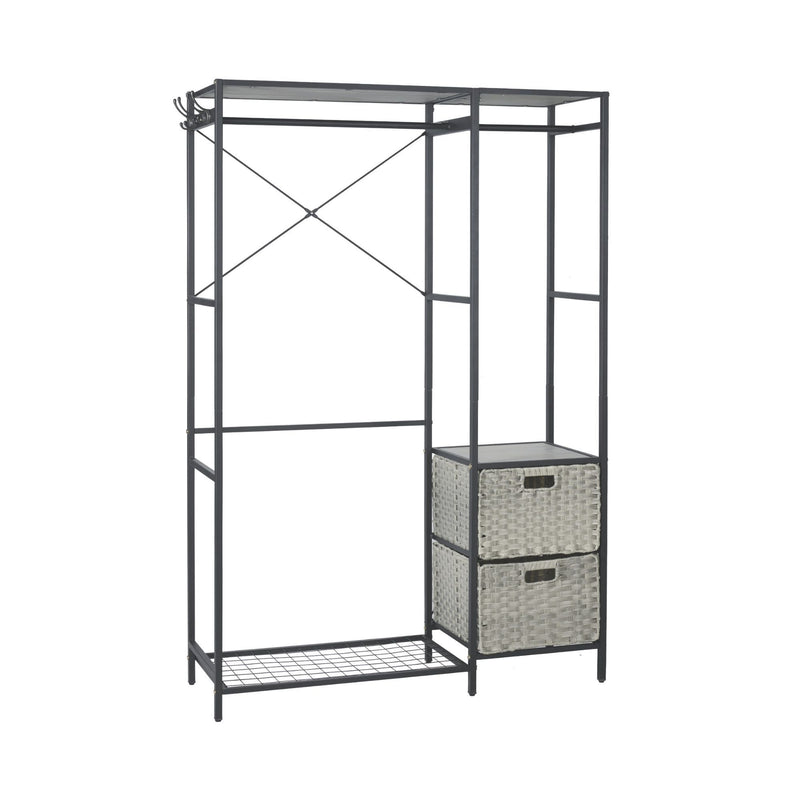Garment Rack With Shelves, 2 Wicker Drawers, 4 Hooks, Organizer