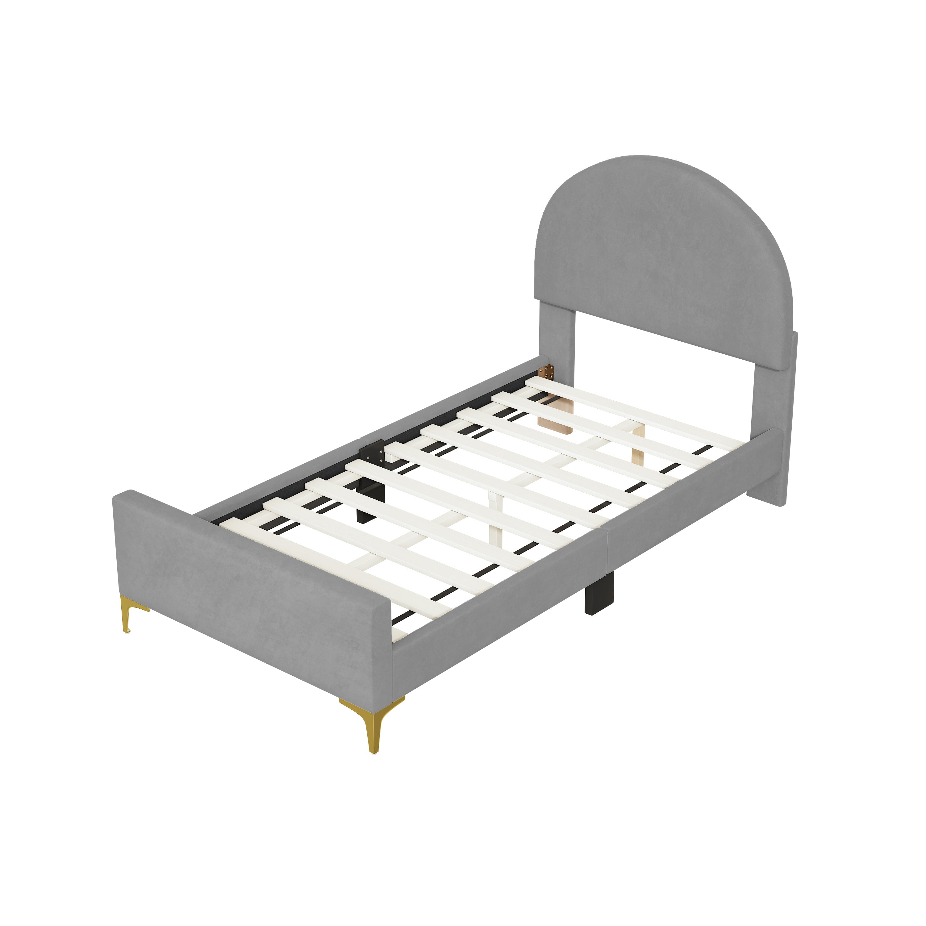 Twin Size Upholstered Platform Bed with Classic Semi-circle Shaped headboard and Mental Legs, Velvet, Gray - Atlantic Fine Furniture Melbourne FL