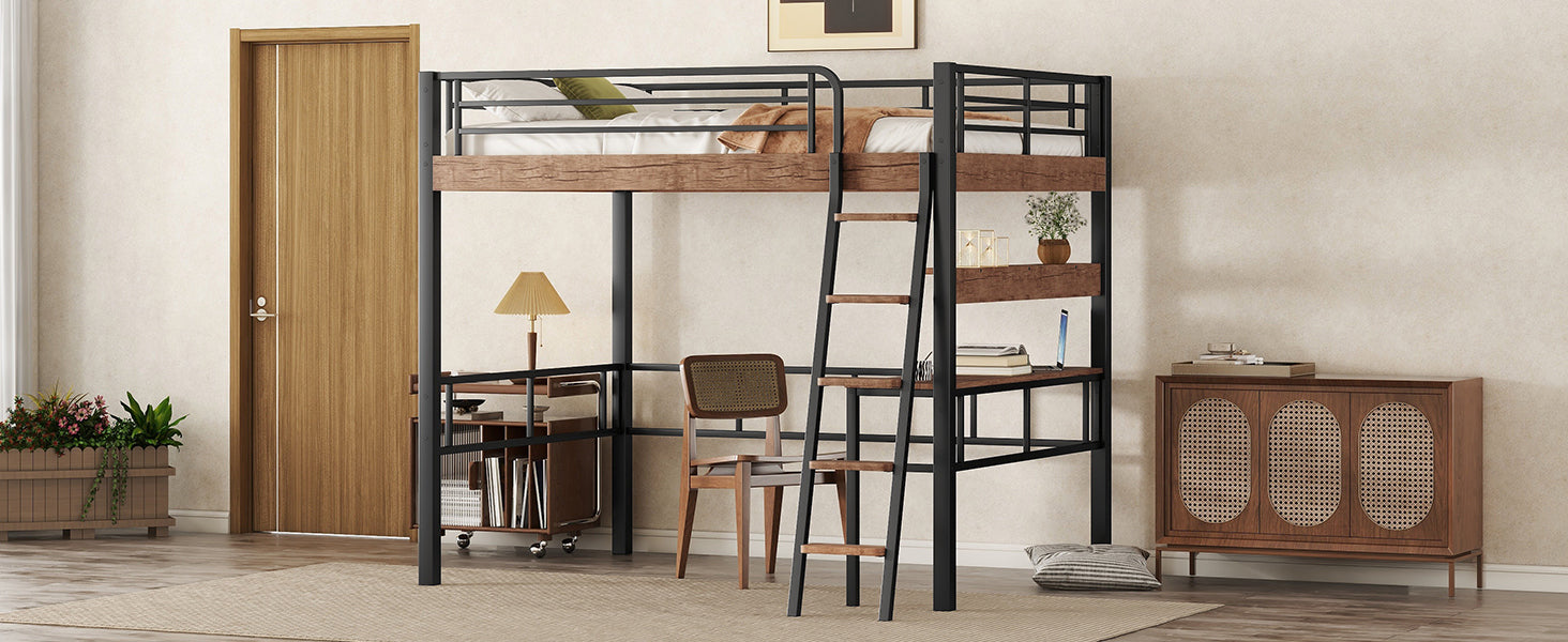 Metal Full Size Loft Bed with Built-in Desk, Storage Shelf and Ladder, Black
