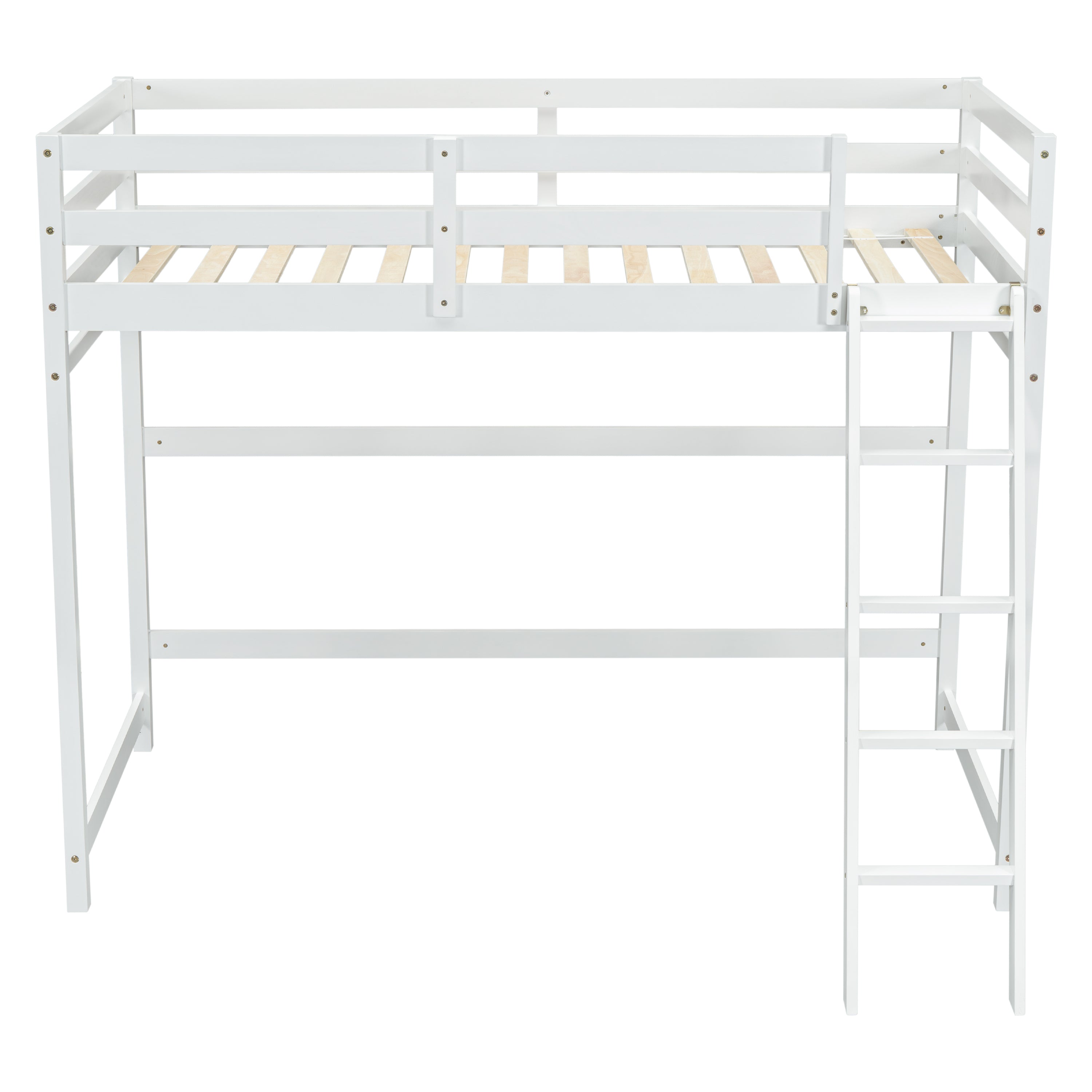 Twin Size High Loft Bed with inclined Ladder, Guardrails,White