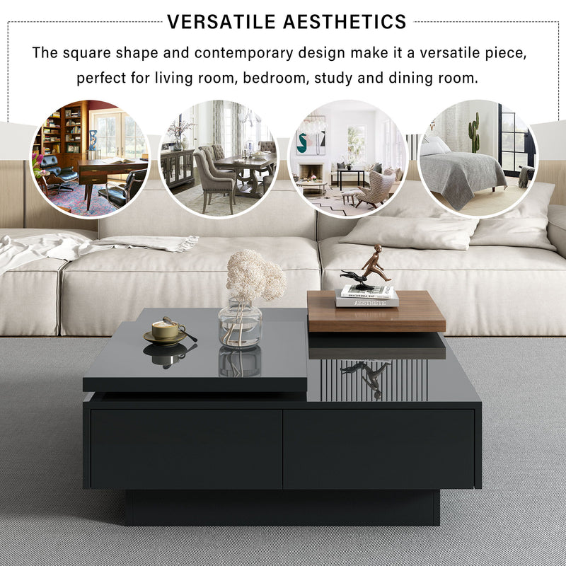 Movable Square Top Coffee Table With 4 Hidden Storage Drawers