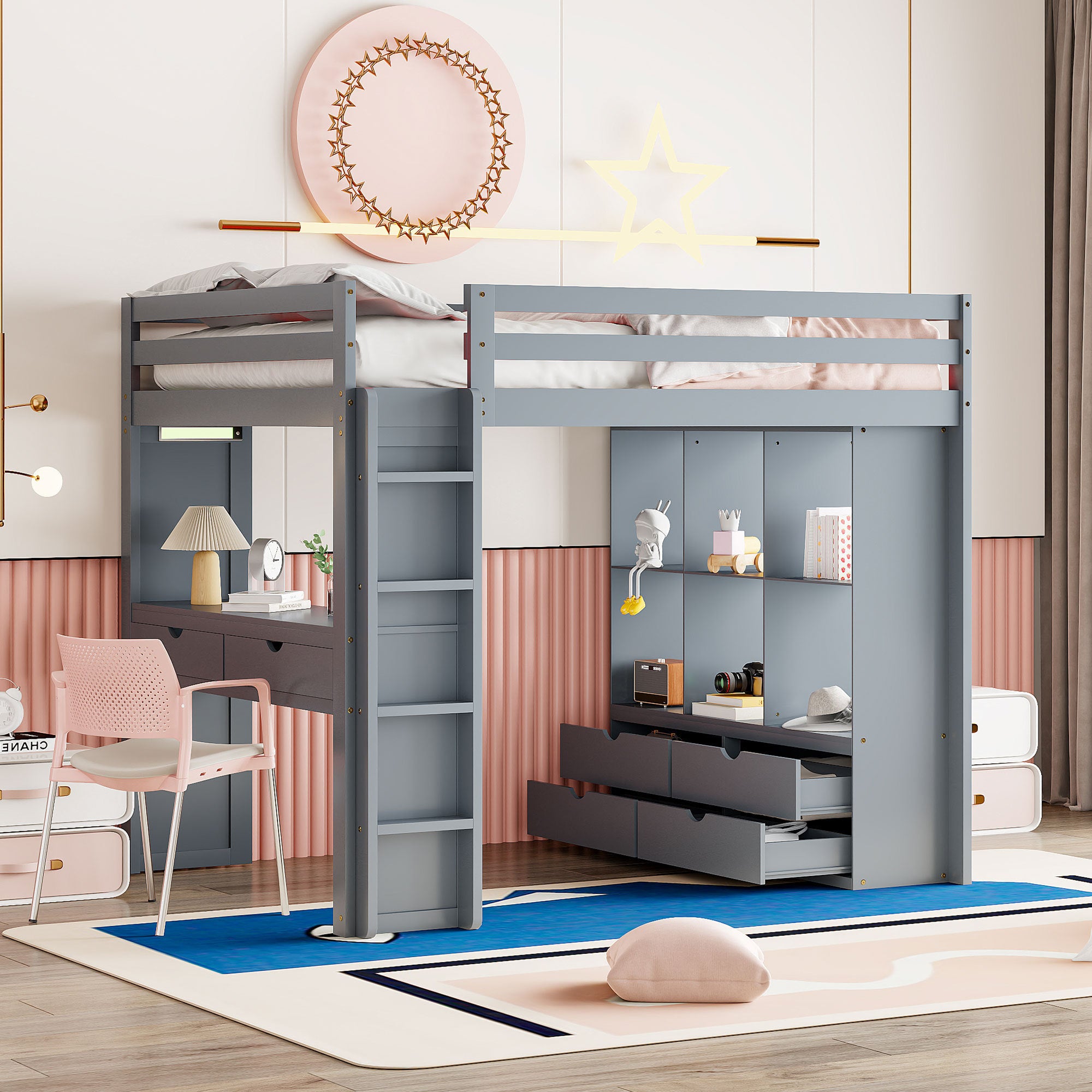 Full Size Loft Bed with large shelves, writing desk and LED Light, Gray - Atlantic Fine Furniture Melbourne FL