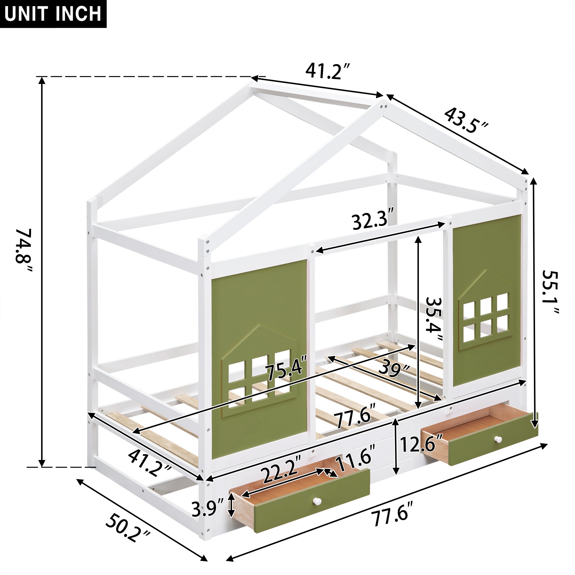 Twin Size Wood House Bed with 2 Drawers and Window Decoration, White+Olive Green - Atlantic Fine Furniture Melbourne FL