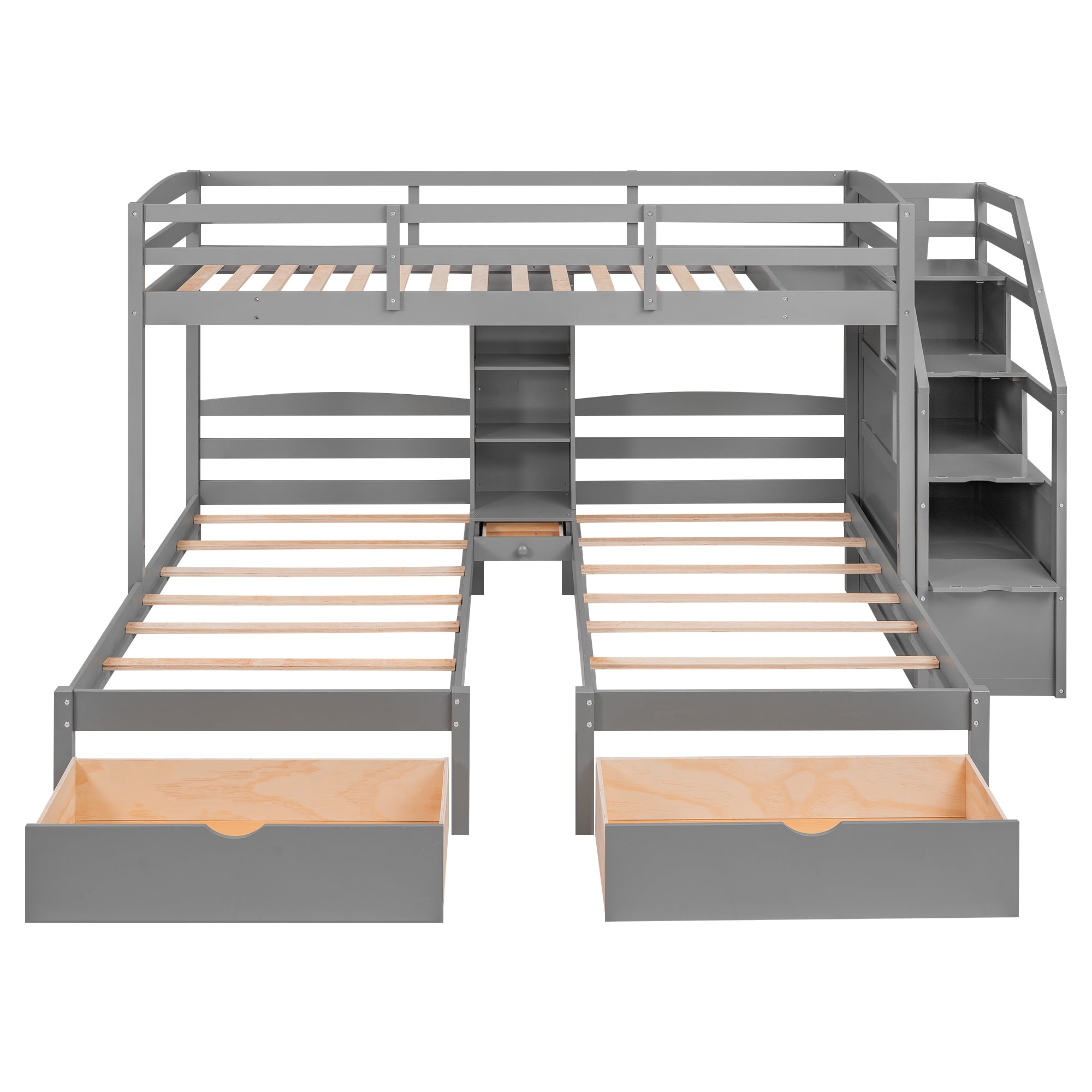 Twin over Twin&Twin Bunk Bed, Triple Bunk Bed with Drawers, Staircase with Storage, Built-in Shelves, Gray - Atlantic Fine Furniture Melbourne FL