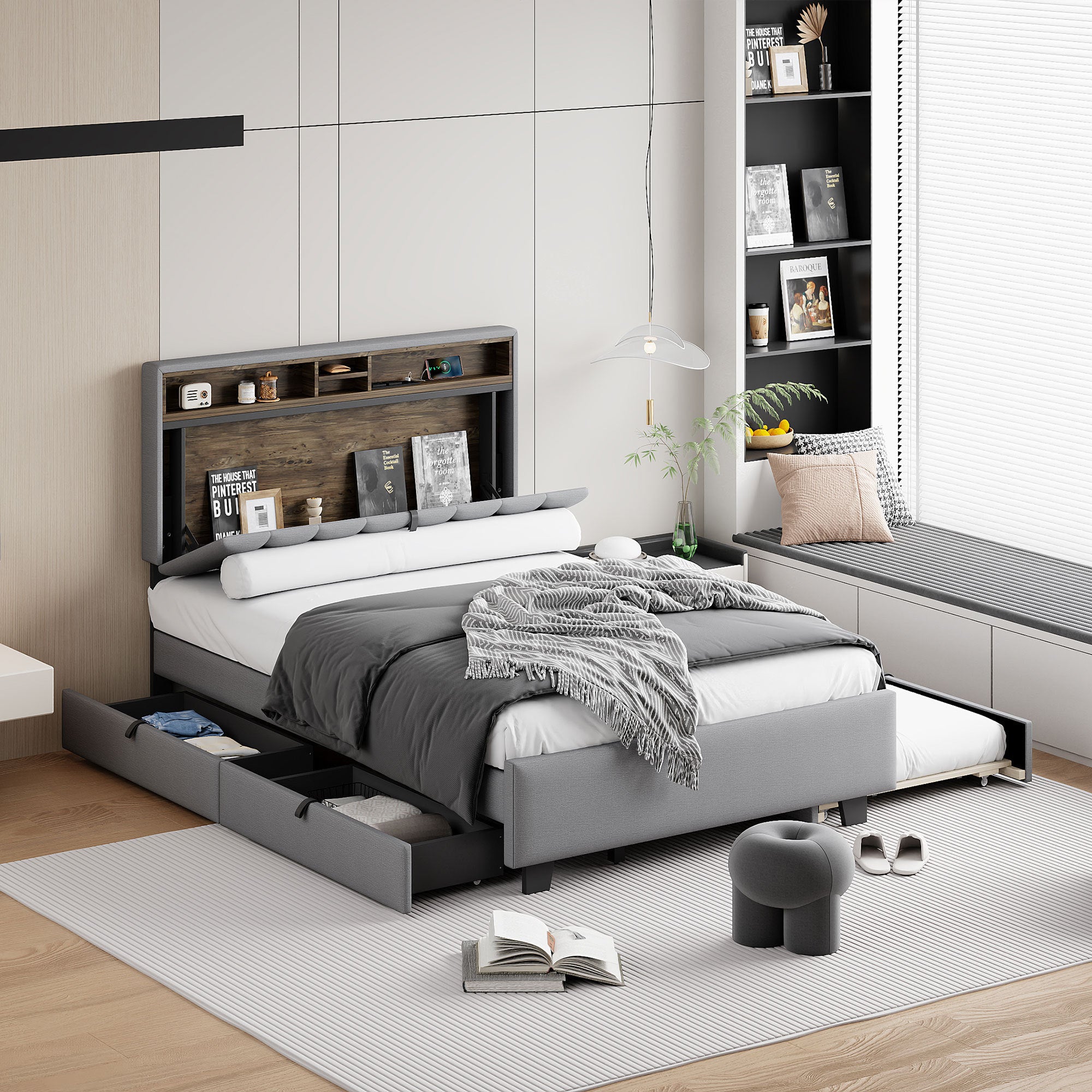 Full size Upholstered Platform Bed with Storage Headboard, Twin Size Trundle & 2 drawers and a set of Sockets & USB Ports, Linen Fabric, Gray - Atlantic Fine Furniture Melbourne FL