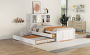 Twin Size Platform Bed with Storage Headboard, Charging Station, Twin Size Trundle and 3 Drawers, Antique White