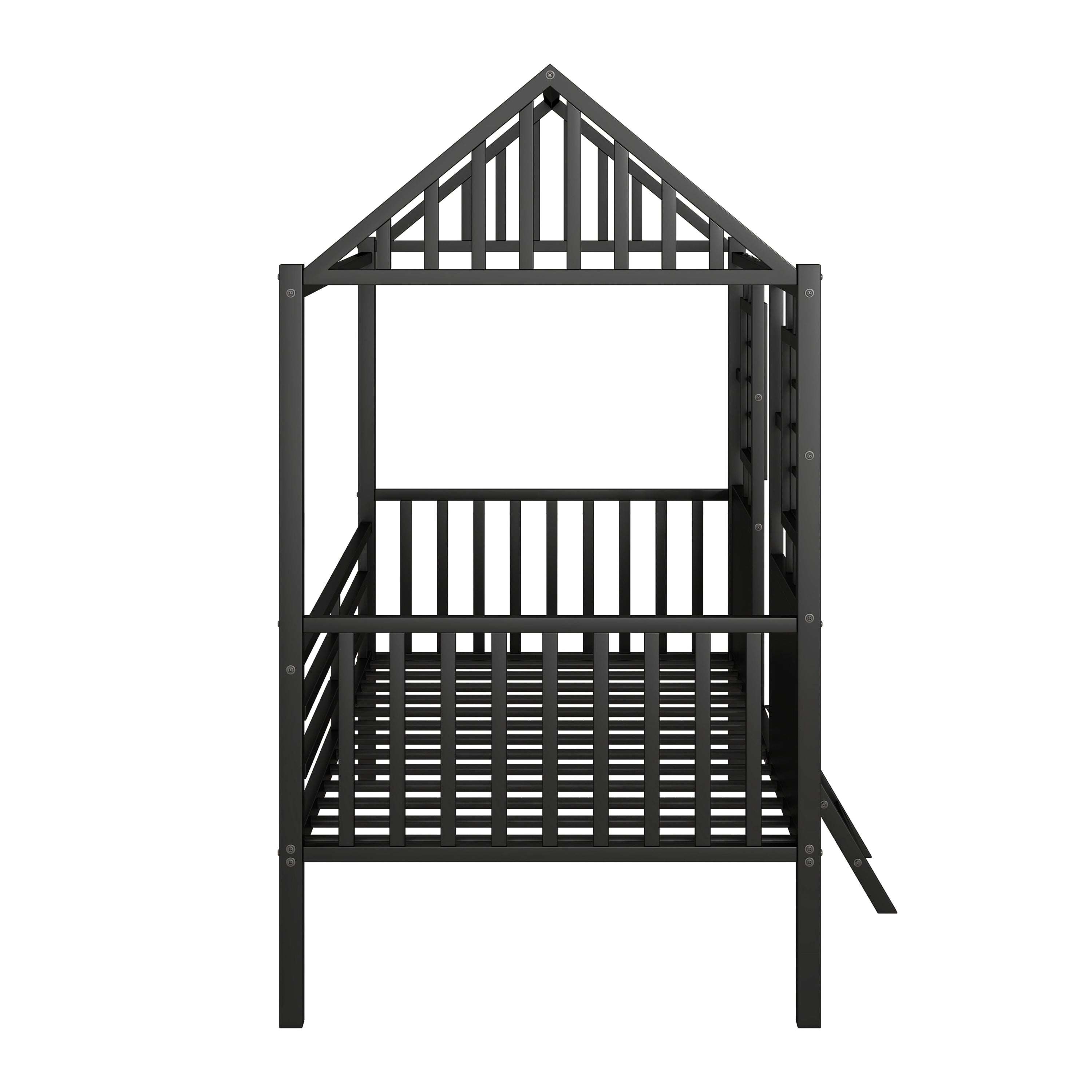 Twin Size Metal Low Loft House Bed with Roof and Two Front Windows , Black - Atlantic Fine Furniture Melbourne FL