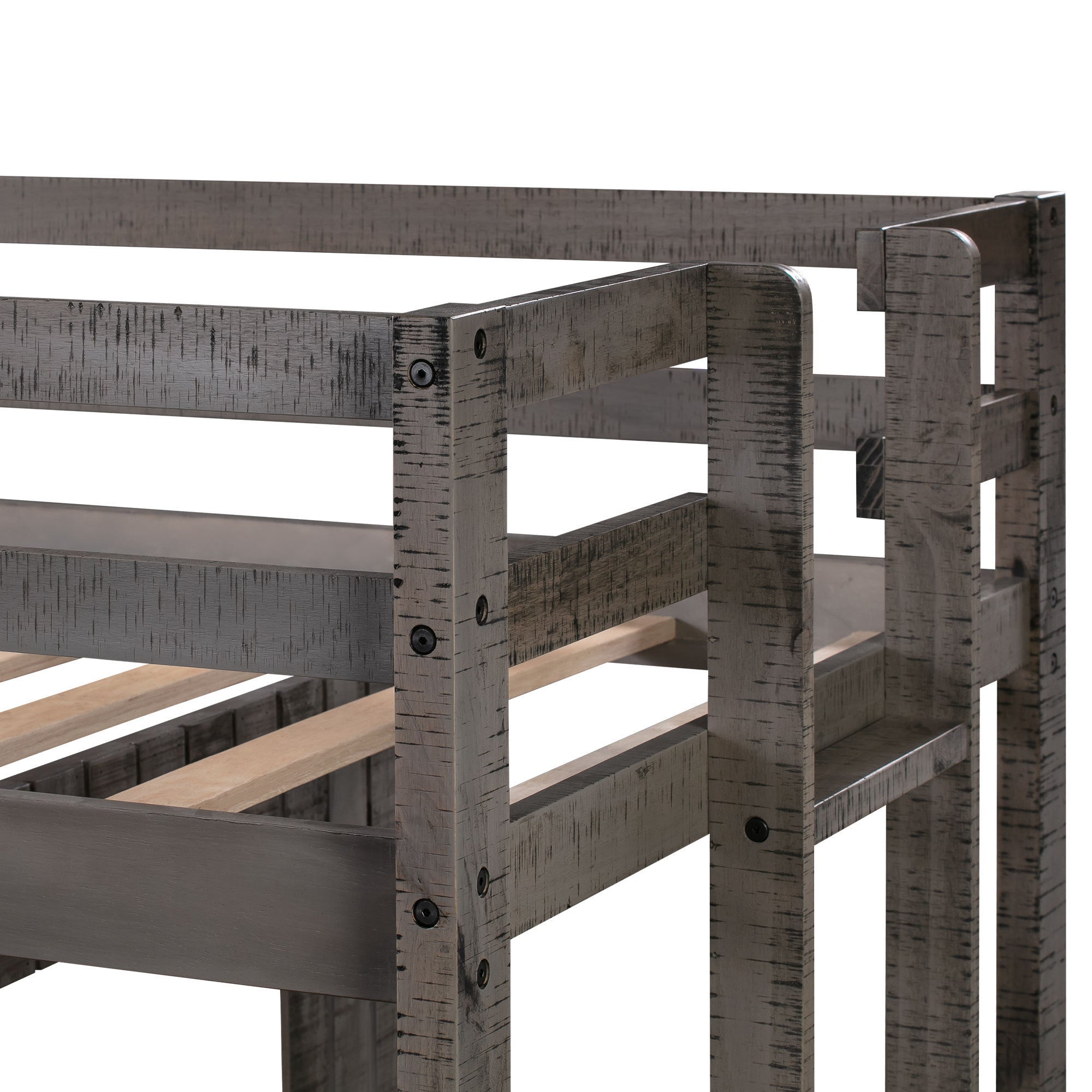 Wooden Twin Over Full Bunk Bed, Loft Bed with Playhouse, Farmhouse, Ladder and Guardrails , Antique Gray( old sku: LT000027AAE ) - Atlantic Fine Furniture Melbourne FL