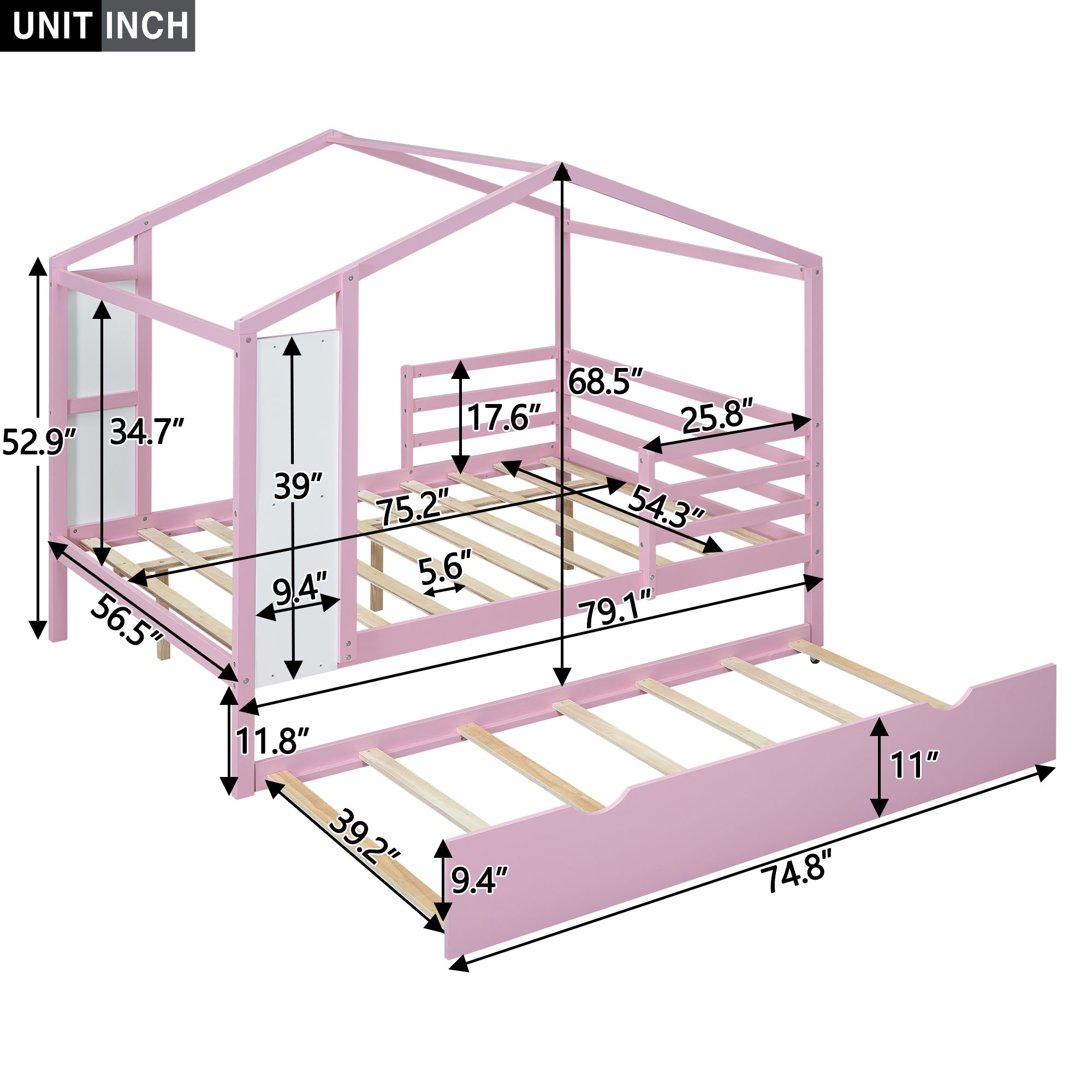 Full Size Wood House Bed with Fence and Writing Board, Pink - Atlantic Fine Furniture Melbourne FL