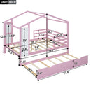 Full Size Wood House Bed with Fence and Writing Board, Pink