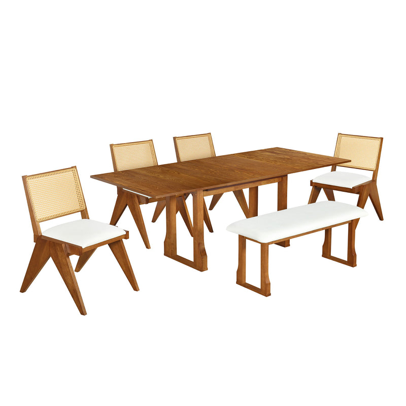 6 Piece Extendable Dining Table Set With 4 Wicker Back Upholstered Dining Chairs And Long Bench, 2 Removable Leaf