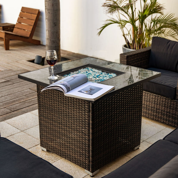 30" Outdoor Fire Table Propane Gas Fire Pit Table With Lid Gas Fire Pit Table With Glass Rocks And Rain Cover - Espresso