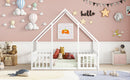 Wood House-Shaped Floor Bed With Fence, Guardrails