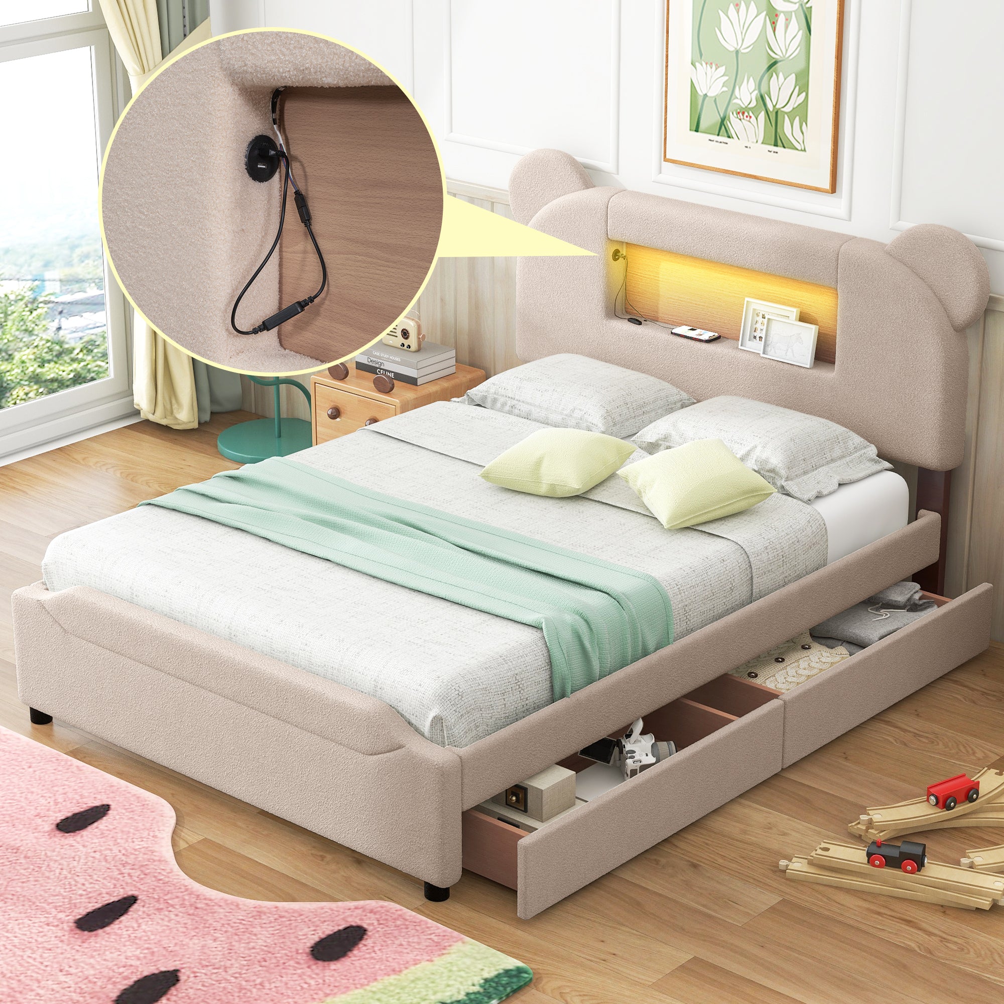 Full Size Upholstered Storage Platform Bed with Cartoon Ears Shaped Headboard, LED and USB, Beige - Atlantic Fine Furniture Melbourne FL