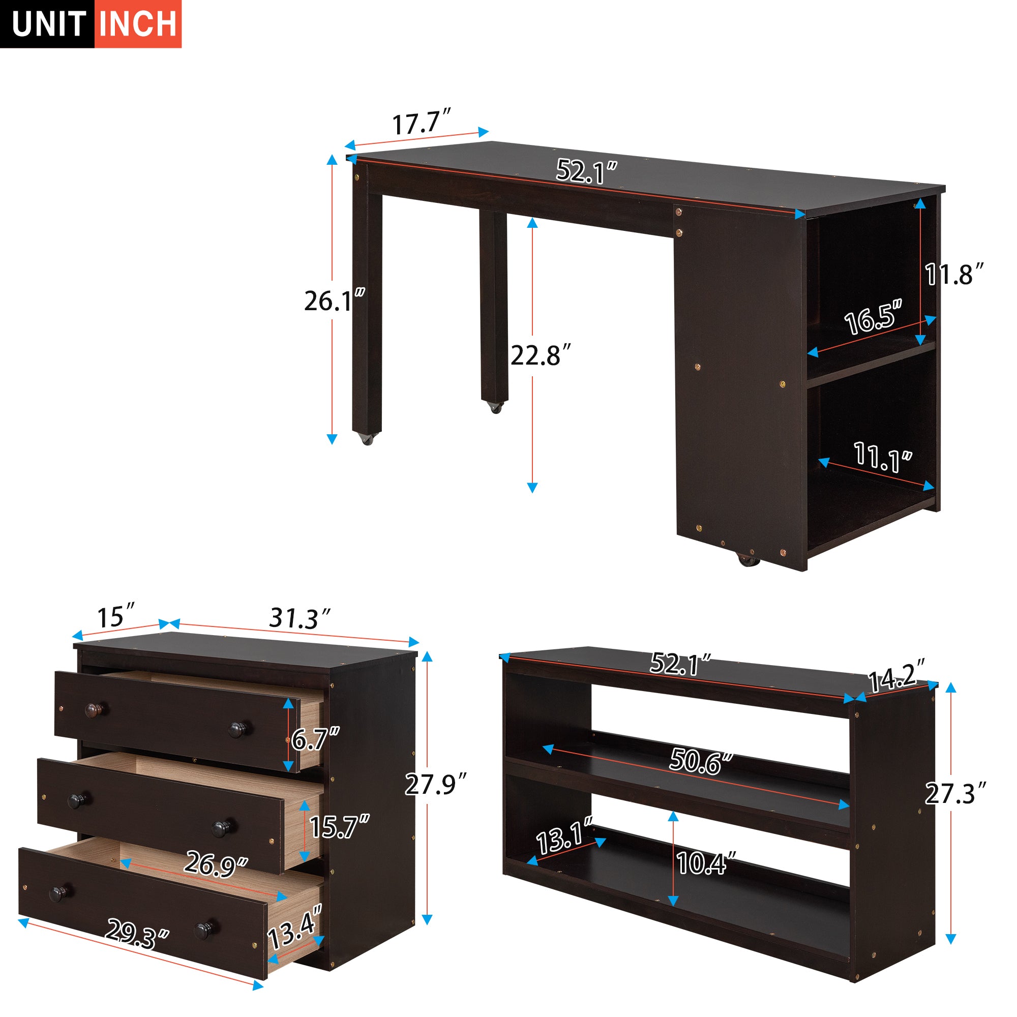 Low Study Full Loft Bed with Cabinet ,Shelves and Rolling Portable Desk ,Multiple Functions Bed- Espresso - Atlantic Fine Furniture Melbourne FL