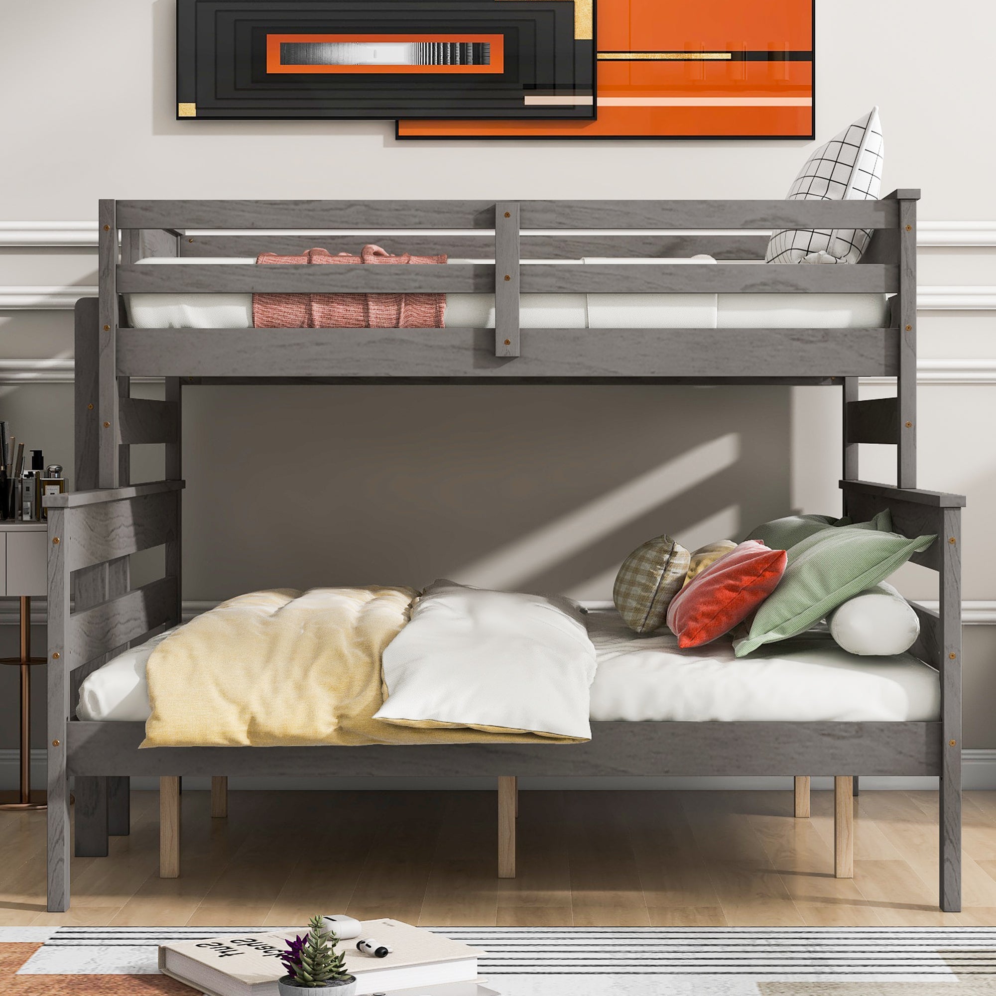 Wood Twin XL over Queen Bunk Bed with Ladder, Gray - Atlantic Fine Furniture Melbourne FL