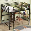 Full Size Metal & Wood Loft Bed with L -shaped desk and shelves, Black and Brown