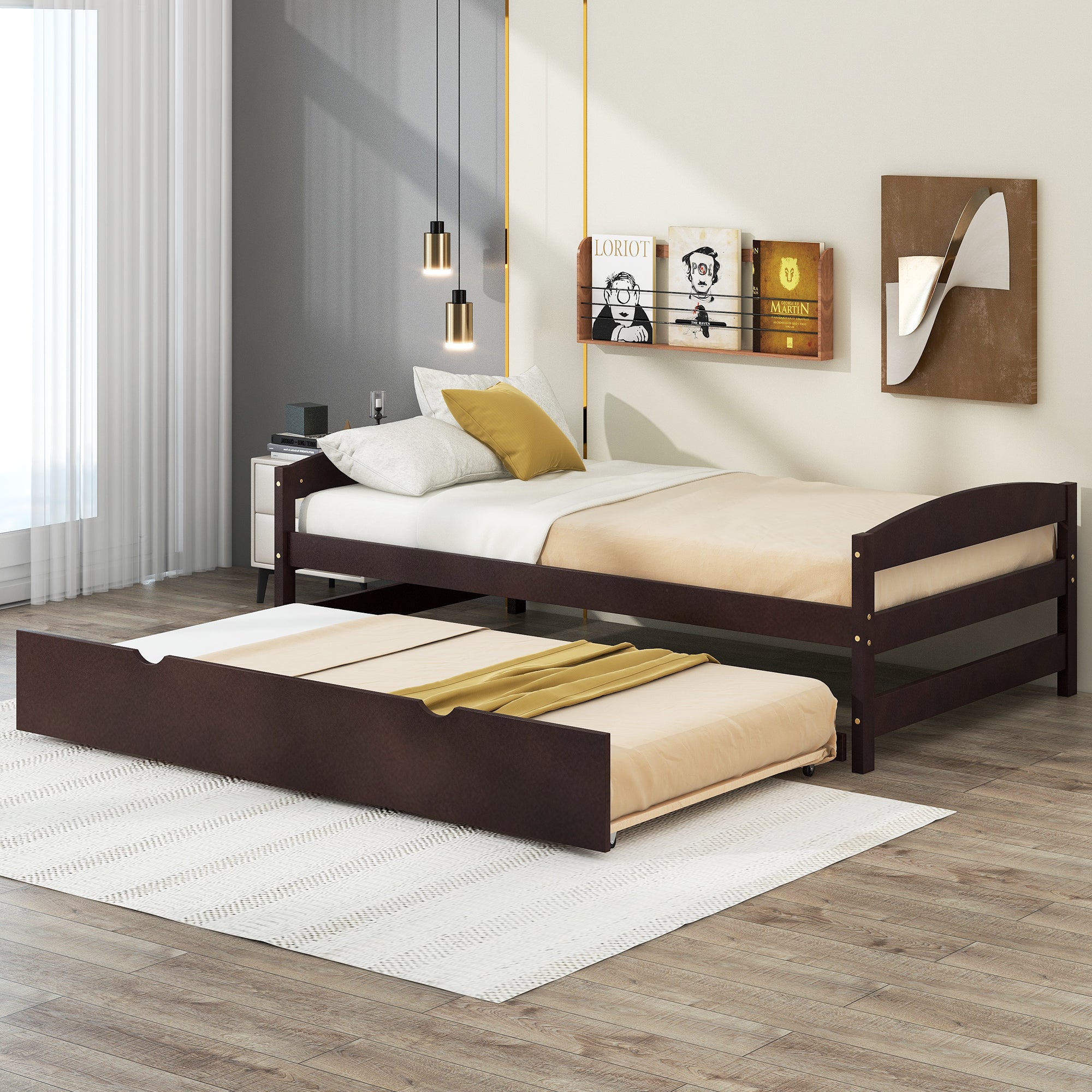 Twin Size Platform Bed with Twin Size Trundle, Espresso - Atlantic Fine Furniture Melbourne FL