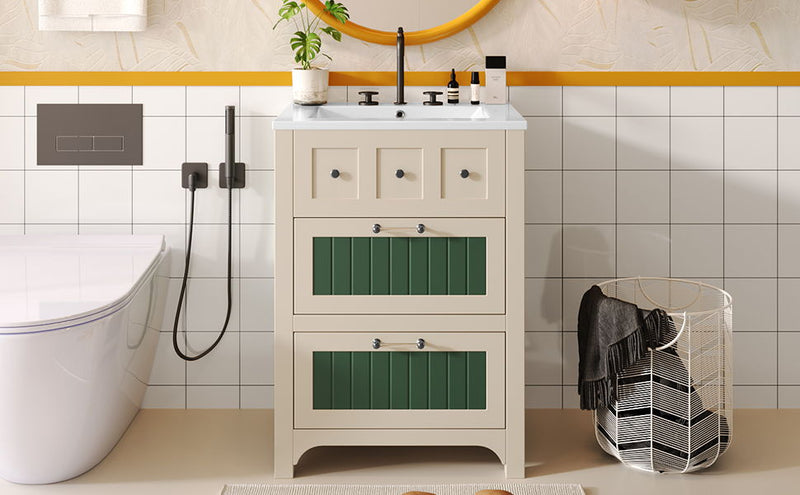 Bathroom Vanity With Ceramic Sink, Bathroom Vanity Cabinet With 2 Drawers, Wooden Bathroom Sink Cabinet - Beige / Green