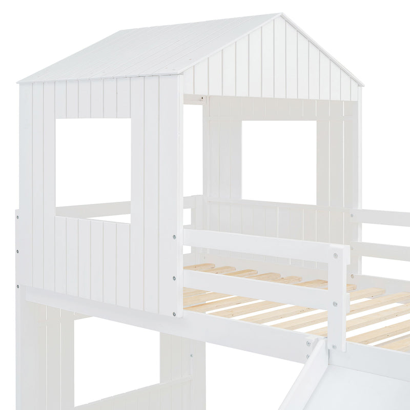 Wooden Twin Over Full Bunk Bed, Loft Bed With Playhouse, Farmhouse, Ladder, Slide And Guardrails - White