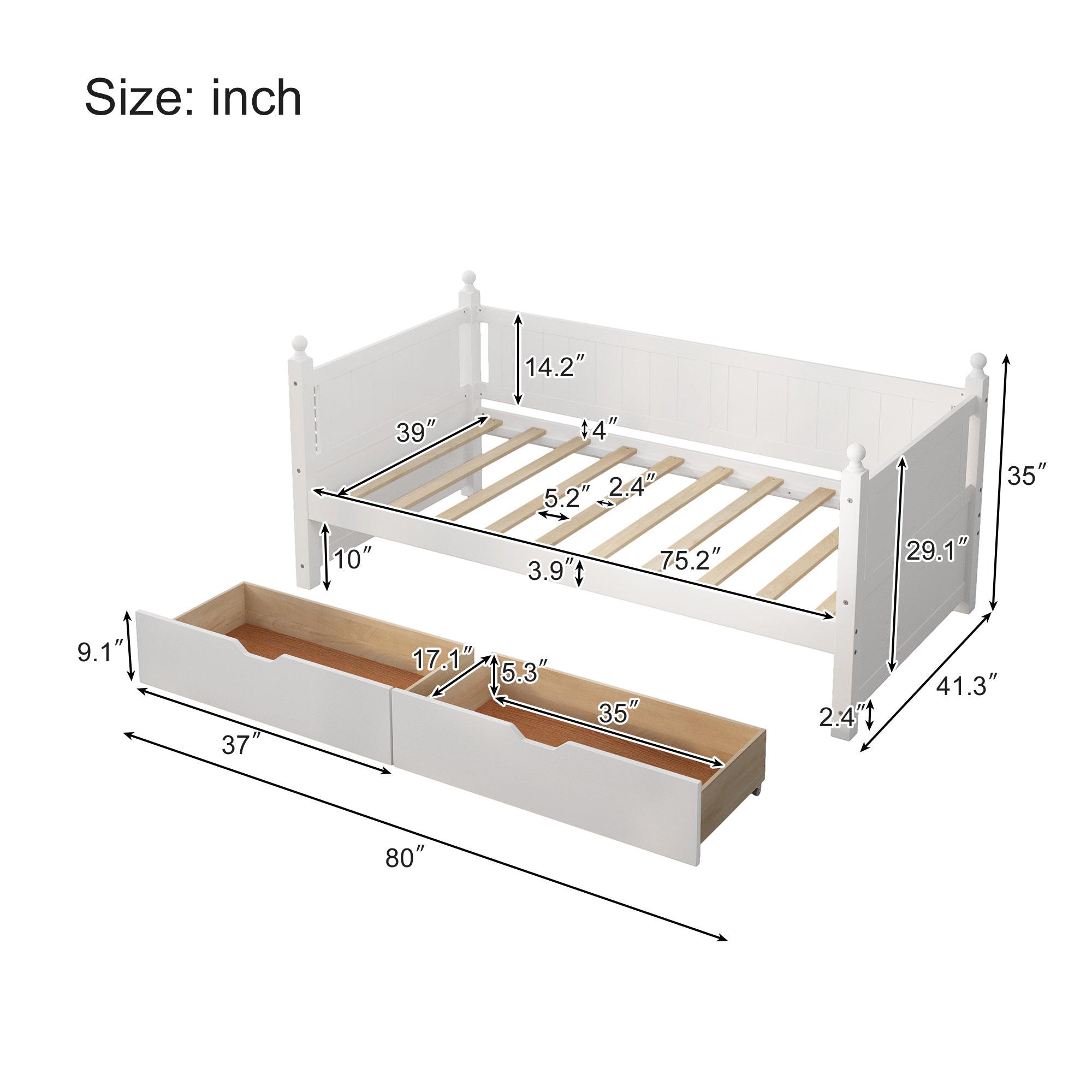 Twin Size Solid Wood Daybed with 2 drawers for Limited Space Kids, Teens, Adults, No Need Box Spring, White - Atlantic Fine Furniture Melbourne FL